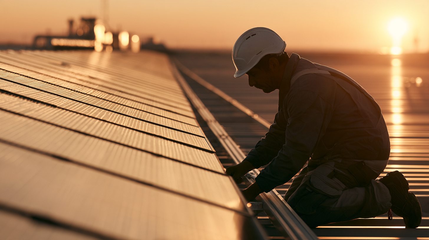 Monteur befestigt im Abendlicht ein Solarmodul auf einem großen Hallendach