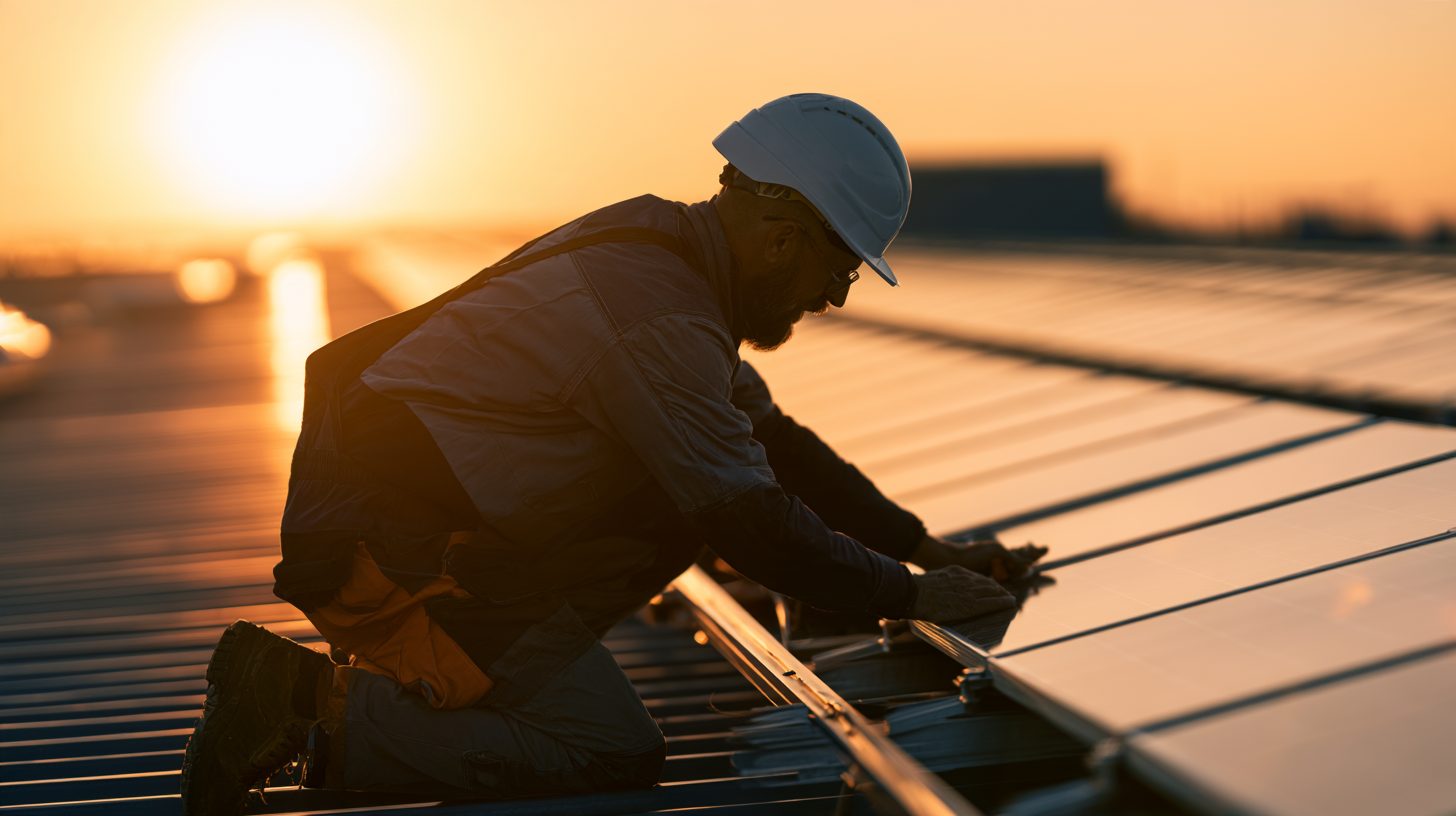 Monteur montiert Solarmodule im Abendlicht