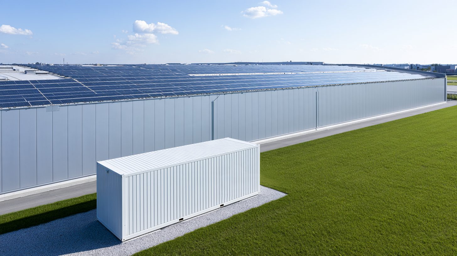 Batteriespeicher-Container neben einer Halle