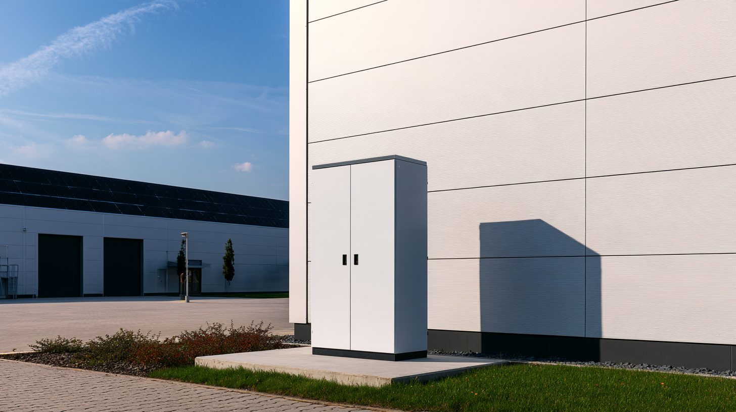 Batteriespeicher-Container an einer Industriehalle